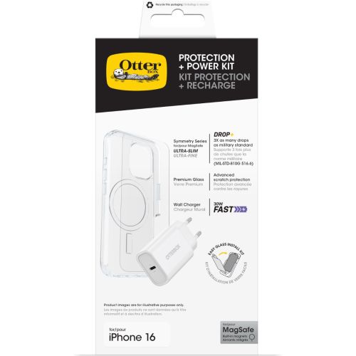 OtterBox KIT Apple iPhone 16 (Symmetry Clear MagSafe / Premium Glass / EU USB-C Wall Charger 30W - white)