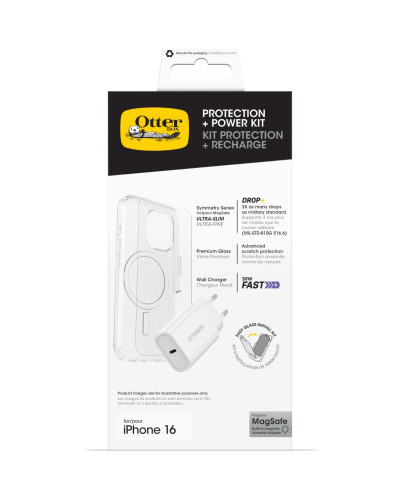 OtterBox KIT Apple iPhone 16 (Symmetry Clear MagSafe / Premium Glass / EU USB-C Wall Charger 30W - white)